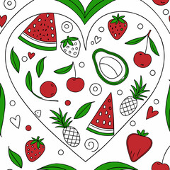 A heart-shaped design filled with various colorful fruits, including watermelon, strawberries, cherries, pineapples, and avocado, in a simple, outlined style suitable for coloring books or printable a