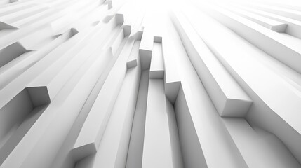 Obraz premium A white background with vertical lines and 3D-rendered abstract futuristic design featuring white geometric shapes and stripes, ideal for business or technology concept presentations