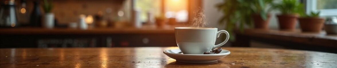 Fototapeta premium Rich aroma of freshly brewed coffee wafting from a wooden table in a cozy coffee shop, fragrance, coffee