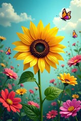 Sunflower in a whimsical garden with colorful butterflies and flowers, solo bloom, whimsical