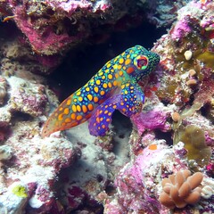 A vibrant, colorful fish swimming near coral in a tropical reef ecosystem.