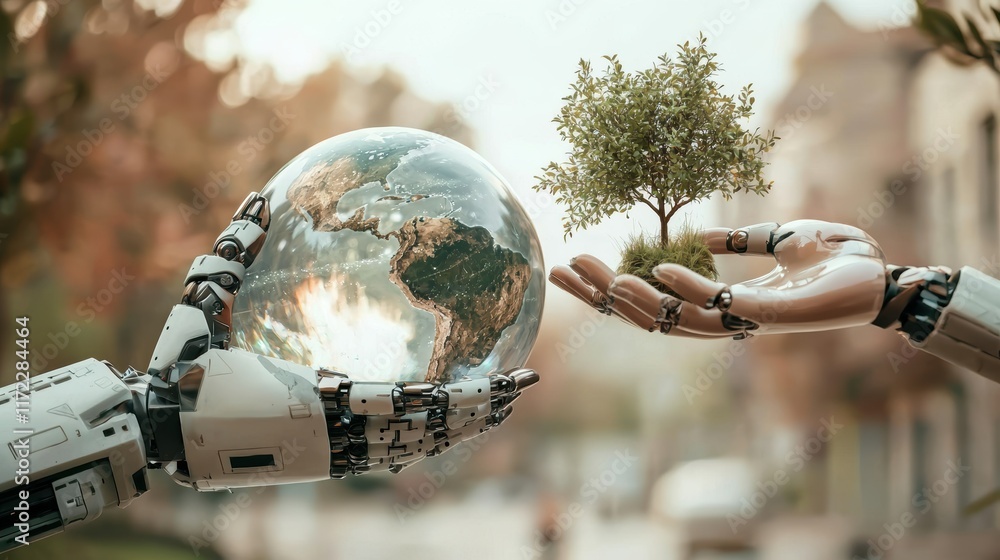 Aufkleber a robotic hand presents a small tree while holding a globe, symbolizing the intersection of technolo
