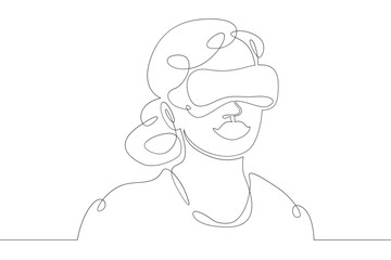 Little teenager child playing virtual reality. Character in a helmet with glasses of virtual reality. One continuous drawing line  logo single hand drawn art doodle isolated minimal illustration.