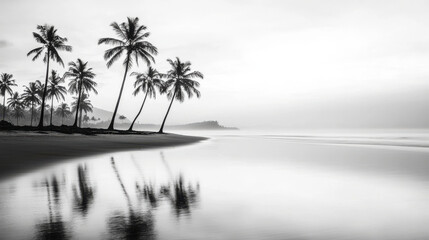 Serene black and white photo of coconut trees reflecting on calm water, creating tranquil beach scene. peaceful atmosphere invites relaxation and contemplation