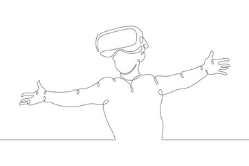 Little teenager child playing virtual reality. Character in a helmet with glasses of virtual reality. One continuous drawing line  logo single hand drawn art doodle isolated minimal illustration.