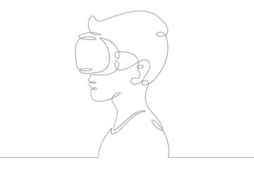 Little teenager child playing virtual reality. Character in a helmet with glasses of virtual reality. One continuous drawing line  logo single hand drawn art doodle isolated minimal illustration.