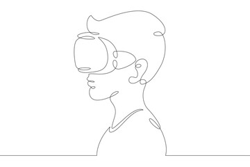 Little teenager child playing virtual reality. Character in a helmet with glasses of virtual reality. One continuous drawing line  logo single hand drawn art doodle isolated minimal illustration.