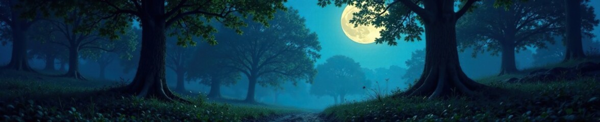 Fototapeta premium A forest is bathed in the soft glow of moonlight, nature, , trees