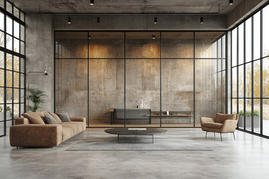 Modern loft living room, concrete walls, glass partition, autumn view