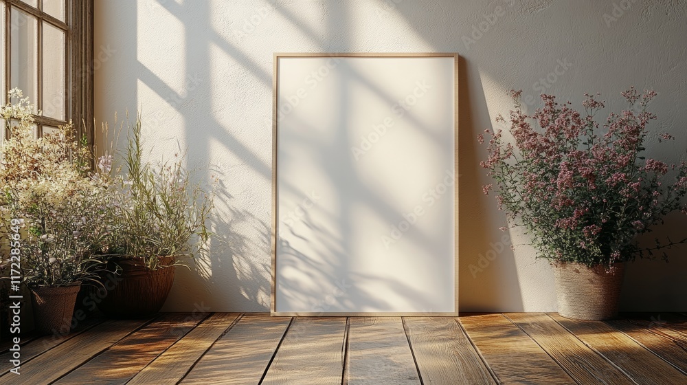 Sticker Sunlit Interior with Blank Canvas and Blooming Plants