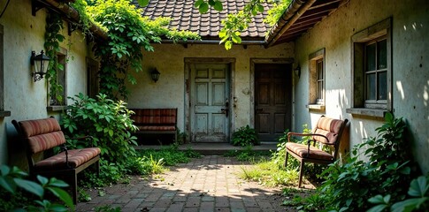Verlassener Hinterhof mit alten M?beln und Pflanzen, Ruhe, Abgeschiedenheit