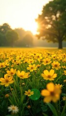Gentle yellow hues cast long shadows across fields of blooms, , flowers
