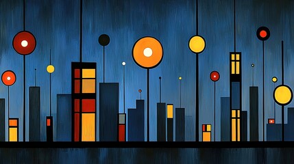 Abstract Cityscape Night Scene With Geometric Shapes