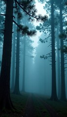 Fototapeta premium Foggy pine forest with misty branches and trunks, branch, misty, forest