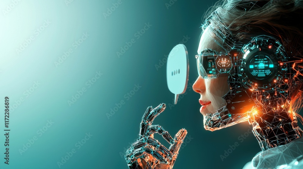 Poster a futuristic humanoid robot with glowing circuitry contemplates while speaking, blending technology 