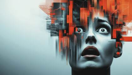 worried face with abstract digital elements representing chaos and confusion. striking red and gray colors enhance emotional impact of image