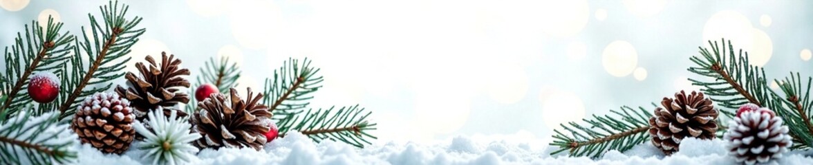 Winter wonderland with frosted spruce and pine cones, winter wonderland, white background