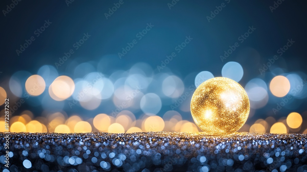 Poster shimmering golden sphere on sparkling blue background with bokeh