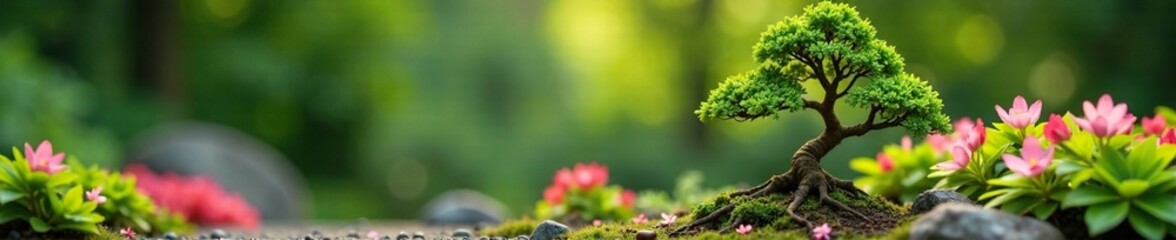 Bonsai tree in a miniature garden with flowers, small, bonsai, colorful