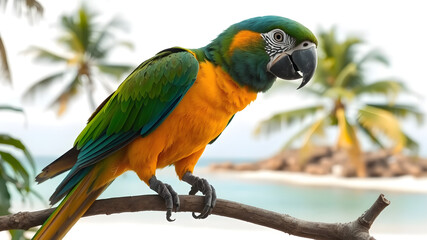 A tropical parrot perched on a branch with a beach backdrop, highly detailed 8K, vivid tones, isolated on white background.