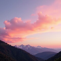 Obraz premium Soft pink clouds spread over Thessalian mountains at sunset, pastel, nature, sunset