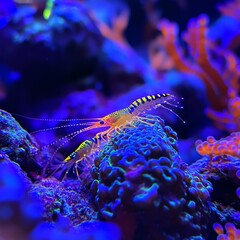 A vibrant marine shrimp exploring a colorful coral reef under glowing lights.