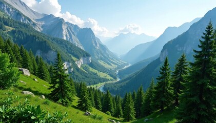 Fototapeta premium Lush green forest with rugged gray brown mountains, forests, hills