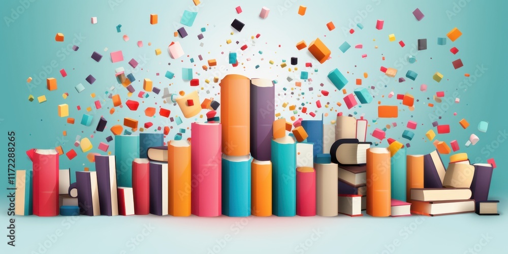 Poster vibrant explosion of knowledge colorful books and exploding pages a stunning visual representation o