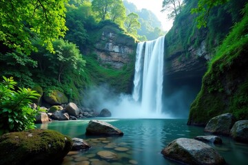 Fototapeta premium Misty waterfall cascading down a rocky slope amidst dense foliage and lush greenery, greenery, landscapes