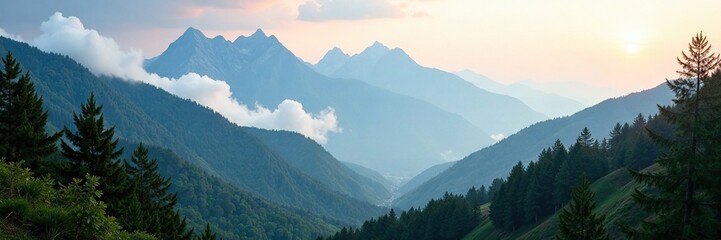Cloudy forest with misty peaks in the distance, scenery, peaks