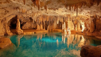 Underground cave with turquoise pool reflecting stalactites and stalagmites.