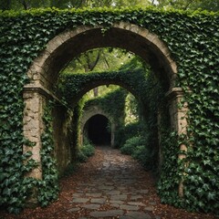 Naklejka premium An ivy-covered stone archway leading to a secret garden.