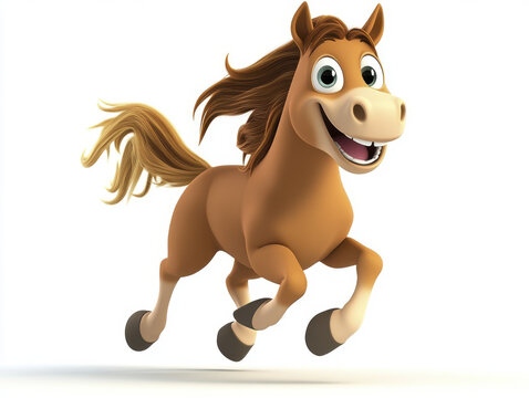 cheerful cartoon horse galloping with its mane flowing in wind, showcasing playful and lively spirit. This animated character embodies joy and energy