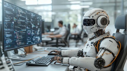 A futuristic robot operates a computer in an office setting, showcasing advanced technology and artificial intelligence in a collaborative work environment.
