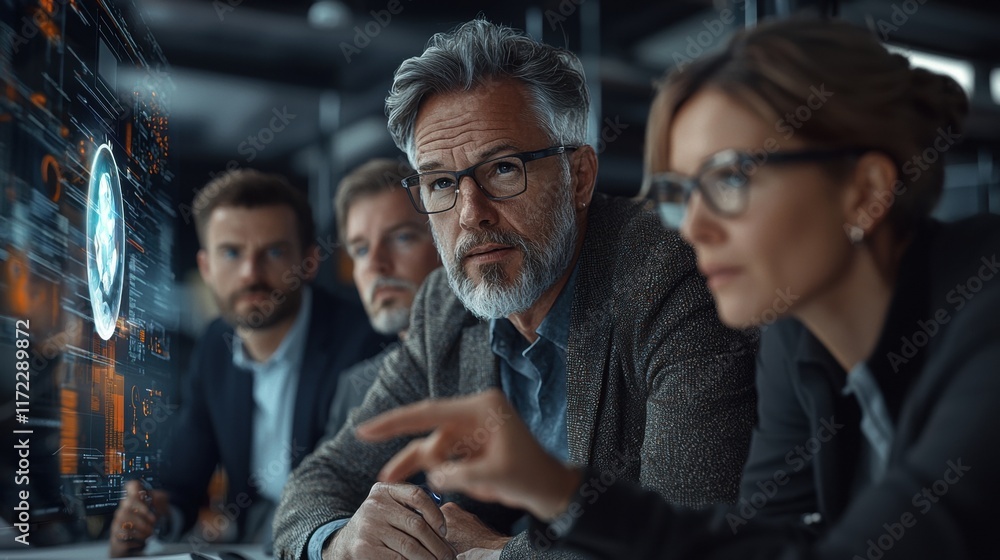 Aufkleber a focused group discusses data analysis in a modern workspace, highlighting collaboration and strate