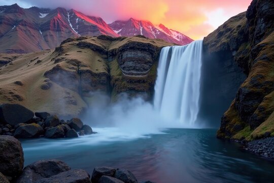 Morning mist surrounds waterfall in Rocky Mountain with red glow dawn, misty valley, rocky mountains