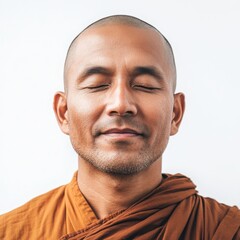 A Buddhist monk with serene, closed eyes and a slight smile, radiating a peaceful, meditative joy, on a white background 