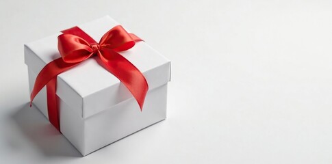 White box with a red ribbon tied neatly at the top, white, wrapping paper