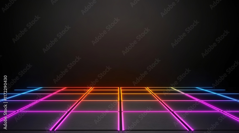 Poster colorful neon grid pattern on dark background for digital design use