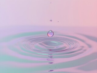 A purple water droplet creates ripples and bubbles in clear blue liquid against a tranquil gradient background from light pink to dark green