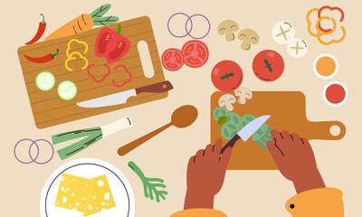 Food cooking top view. Sign or poster for restaurant menu with dish cook. Chef cooking at kitchen with meal ingredients