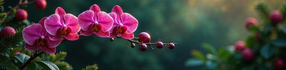Exotic flowers entwined with garland on the tree, orchid, Christmas, nature