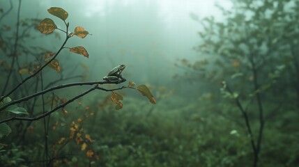Naklejka premium Frog on a Branch in a Misty Forest