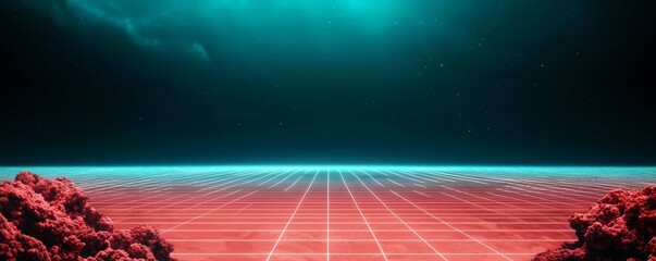 A futuristic underwater scene featuring a grid pattern, illuminated by neon colors, creating a surreal and vibrant atmosphere.