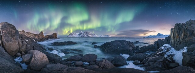 A surreal view of the Northern Lights over the rocky shores of Greenland, Arctic scene, Surreal style