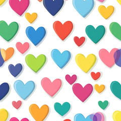 Cheerful seamless pattern of colorful hearts in bright shades like red, pink, and yellow against a white background. The playful design radiates joy and simplicity.