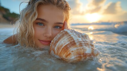 Blonde woman with seashell in ocean at sunset.