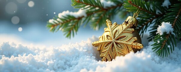 Gold snowflake ornament nestled in fresh snowdrifts, twig ornaments, evergreen trees