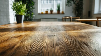 Fototapeta premium Sunlit Wooden Table with Plants in Cozy Interior Setting