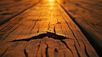 Obraz premium Close-Up View of Weathered Wooden Planks at Sunset Glow